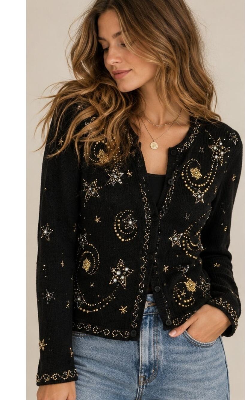 Vintage Designer Originals Celestial Beaded Cardigan Stars Moons small